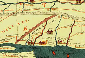Tabula Peutingeriana: Pars IV - Segmentum IV ; Rappresentazione delle zone Apuane con indicate le colonie di Pisa, Lucca, Luni ed il nome "Sengauni" ; il tratto Pisa Luni non  ancora collegato